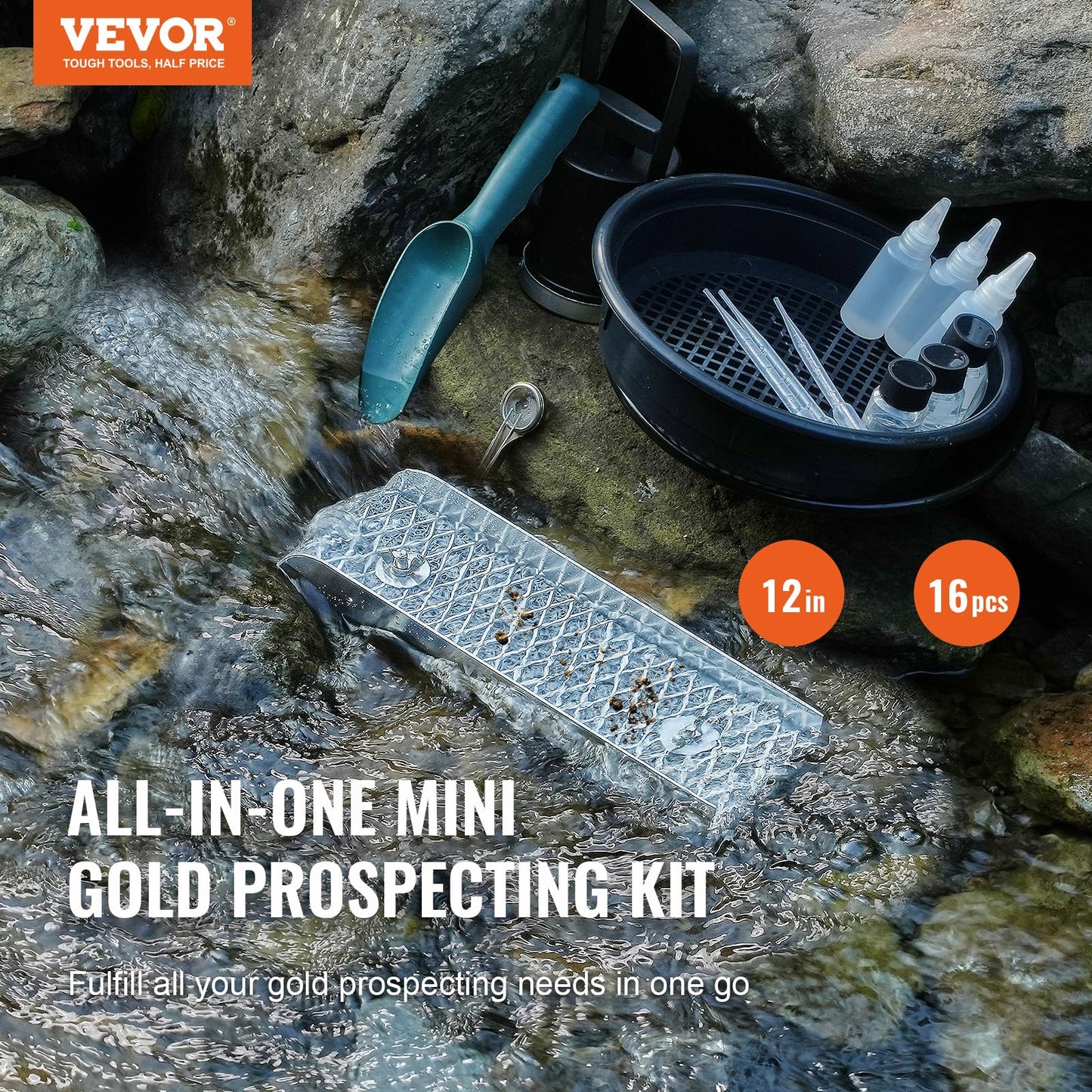 VEVOR Gold Panning Kit with Mini Sluice Box, 12" Aluminum Gold Mining Equipment, 16 PCS Golds Prospecting Kit with Golden Pan, Classifier Screen, Separating Magnet, Drawstring Backpack and Accessories 🍁 All In One Marketplace Canada