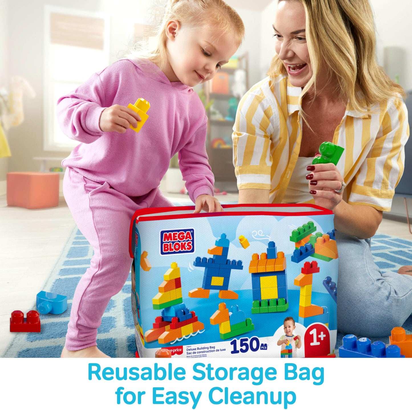 MEGA BLOKS First Builders Toddler Blocks Toys Set, Deluxe Building Bag with 150 Pieces and Storage, Blue, Ages 1+ Years 🍁 All In One Marketplace Canada