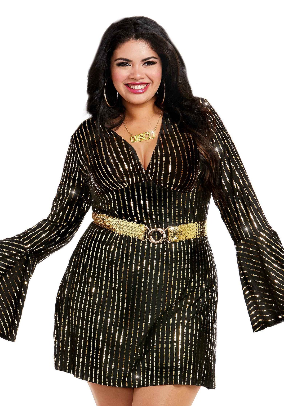 Dreamgirl Adult Womens Plus Size 70s Disco Costume, Disco Dress, Disco Babe Halloween Costume, Black/Gold 3X