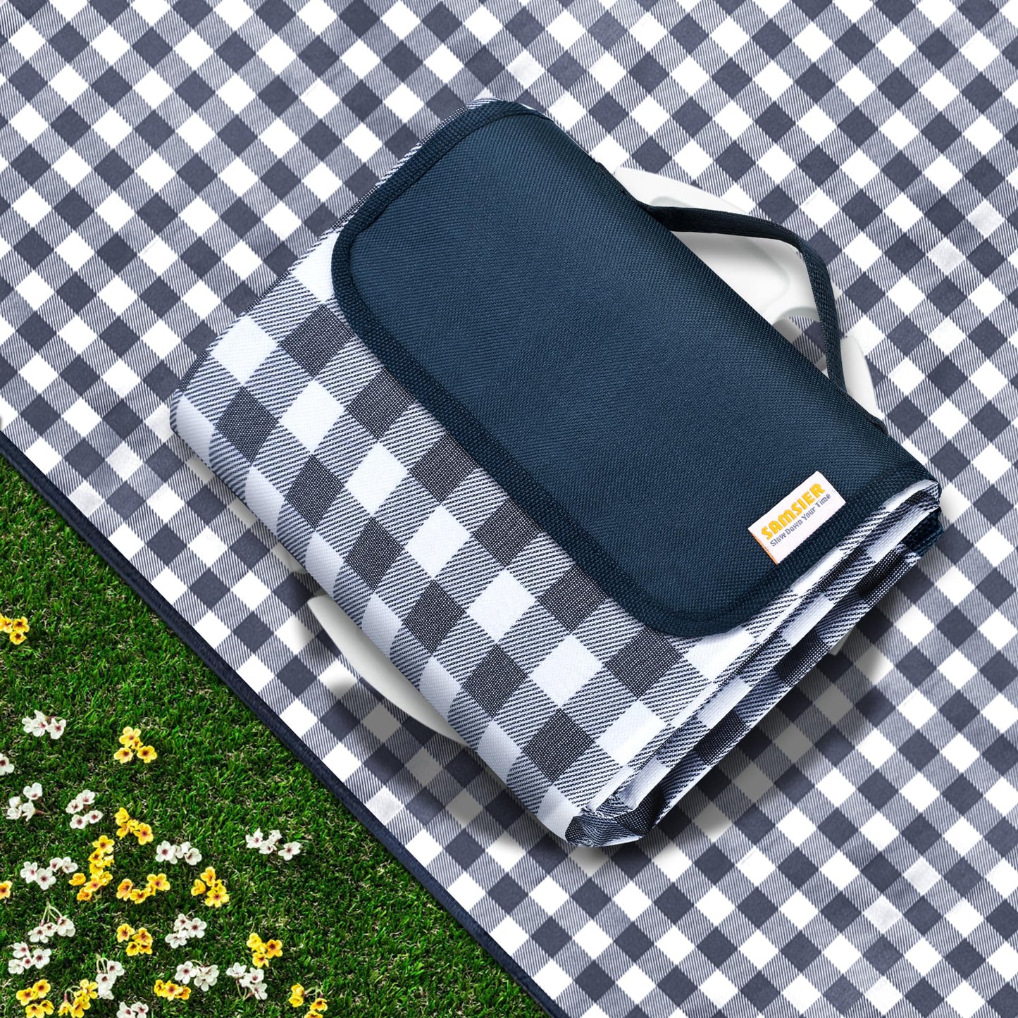 SAMSIER Large Outdoor Picnic Blankets Waterproof Foldable, Beach Blanket Sandproof Portable, Cute Picnic Mat Washable (Navy Blue, 60"×80") 🍁 All In One Marketplace Canada