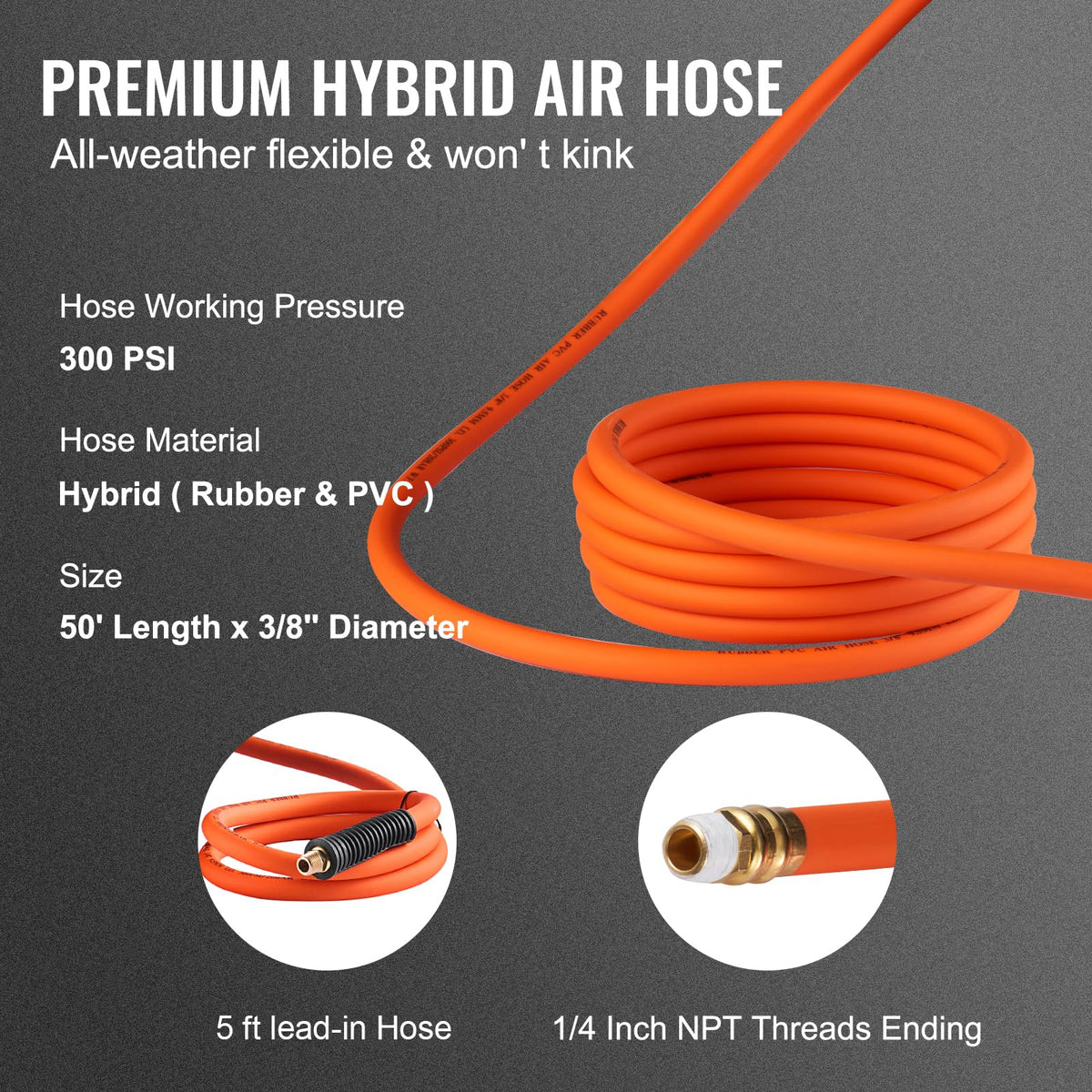 VEVOR Retractable Air Hose Reel, 3/8 in x 50 FT Hybrid Air Hose Max 300PSI, Air Compressor Hose Reel with 5 ft Lead in, Ceiling/Wall Mount Enclosed Air Reel, 180° Swivel Mount 🍁 All In One Marketplace Canada