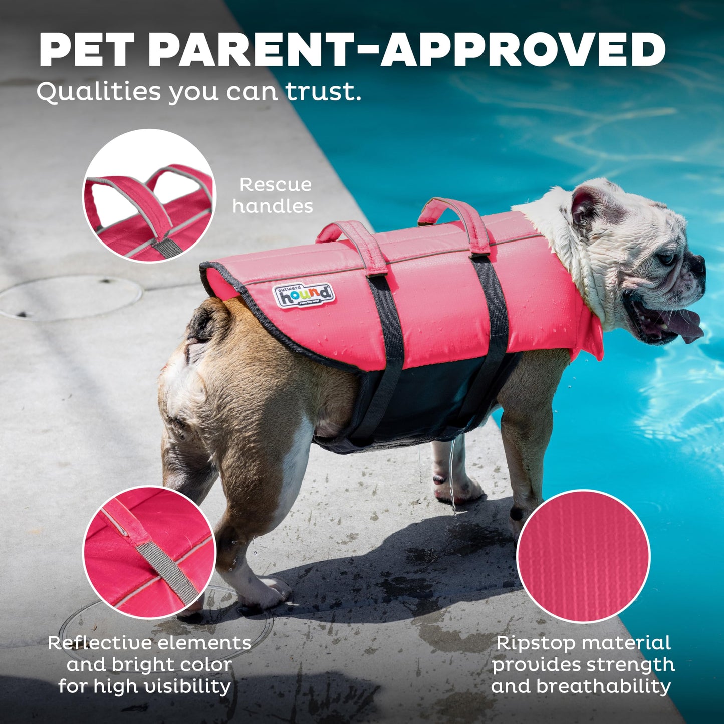 Outward Hound Granby Splash Dog Life Jacket with Handle, Reflective Floating Vest for Swimming & Boating, Maximum Buoyancy, All Skill Levels, Medium Dogs (21–27" Girth), Pink, Medium 🍁 All In One Marketplace Canada