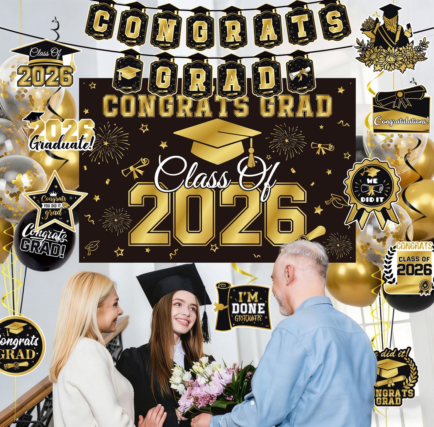 Graduation Decorations 2026 Black Gold 35PCS, Pre-Strung Congrats Grad Banner, Class of 2026 Backdrop, Balloons, Hanging Swirls, Graduation Party Decorations,PRE-ASSEMBLED 🍁 All In One Marketplace Canada