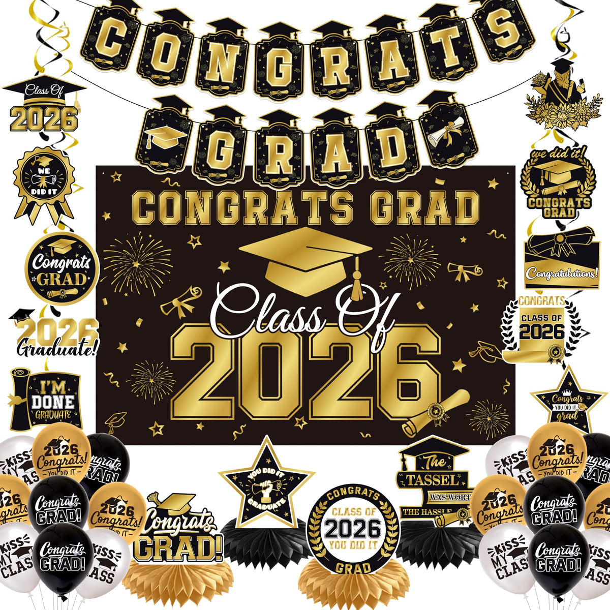 Graduation Decorations 2026 Black Gold 35PCS, Pre-Strung Congrats Grad Banner, Class of 2026 Backdrop, Balloons, Hanging Swirls, Graduation Party Decorations,PRE-ASSEMBLED 🍁 All In One Marketplace Canada