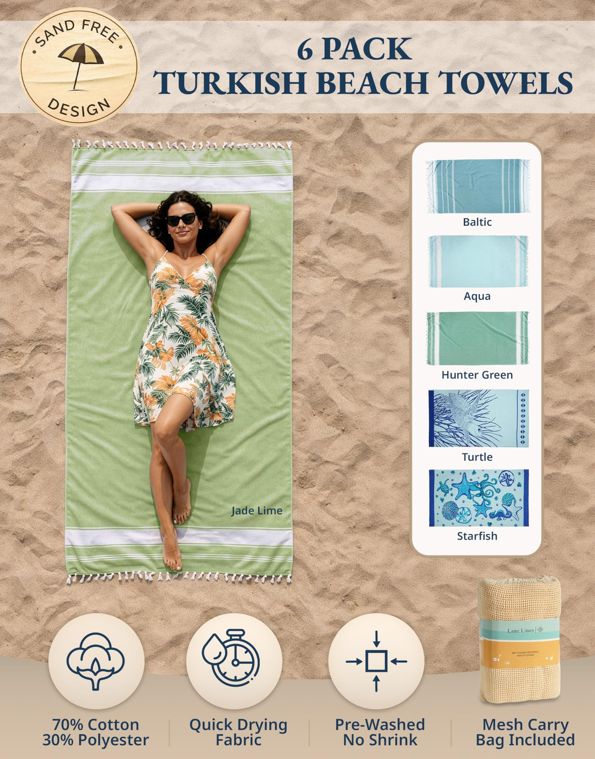 Lane Linen Turkish Beach Towels Set of 6, Oversized Beach Towel, Lightweight Beach Essentials for Women, Large Pool Towel, Absorbent & Quick Dry, Sand Free Beach Towel, 39"x71" - Tropical Breeze 🍁 All In One Marketplace Canada