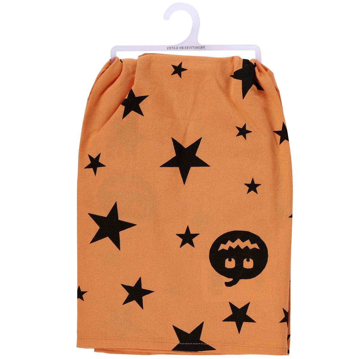 Primitives by Kathy Decorative Kitchen Towel, from Our Halloween Collection has an All-Over Design of Jack o'lanterns & Stars with a Fun Halloween Sentiment It's The Most Wonderful Time of The Year