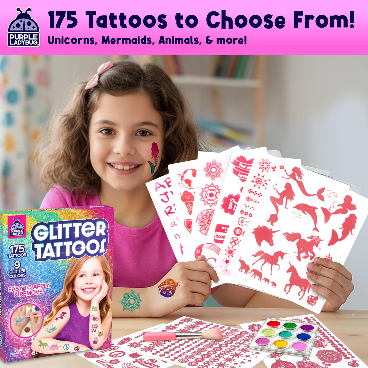 PURPLE LADYBUG 175 Glitter Tattoo Kit - Cute Temporary Tattoos for Kids 6-8 - Creative Girls Gifts 8-12 Years Old - Tween Girls Gift Ideas for Kids Age 6 7 8 9 10 11 🍁 All In One Marketplace Canada