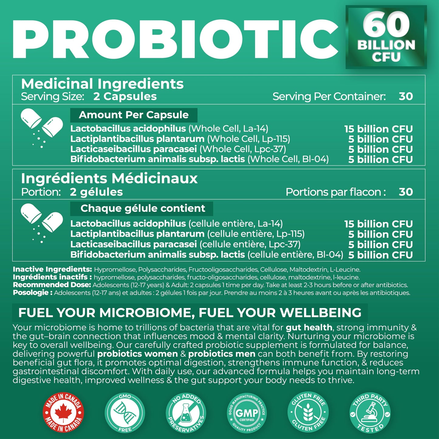 Probiotics Women & Men - 60 Billion CFU Probiotic + Prebiotics | Delayed Release Capsules Survive Stomach Acid for Max Potency | Digestive & Immune Support | Bloating & Gas Relief | Shelf Stable Lactobacillus Strains | Canadian Made, 3rd Party Tested