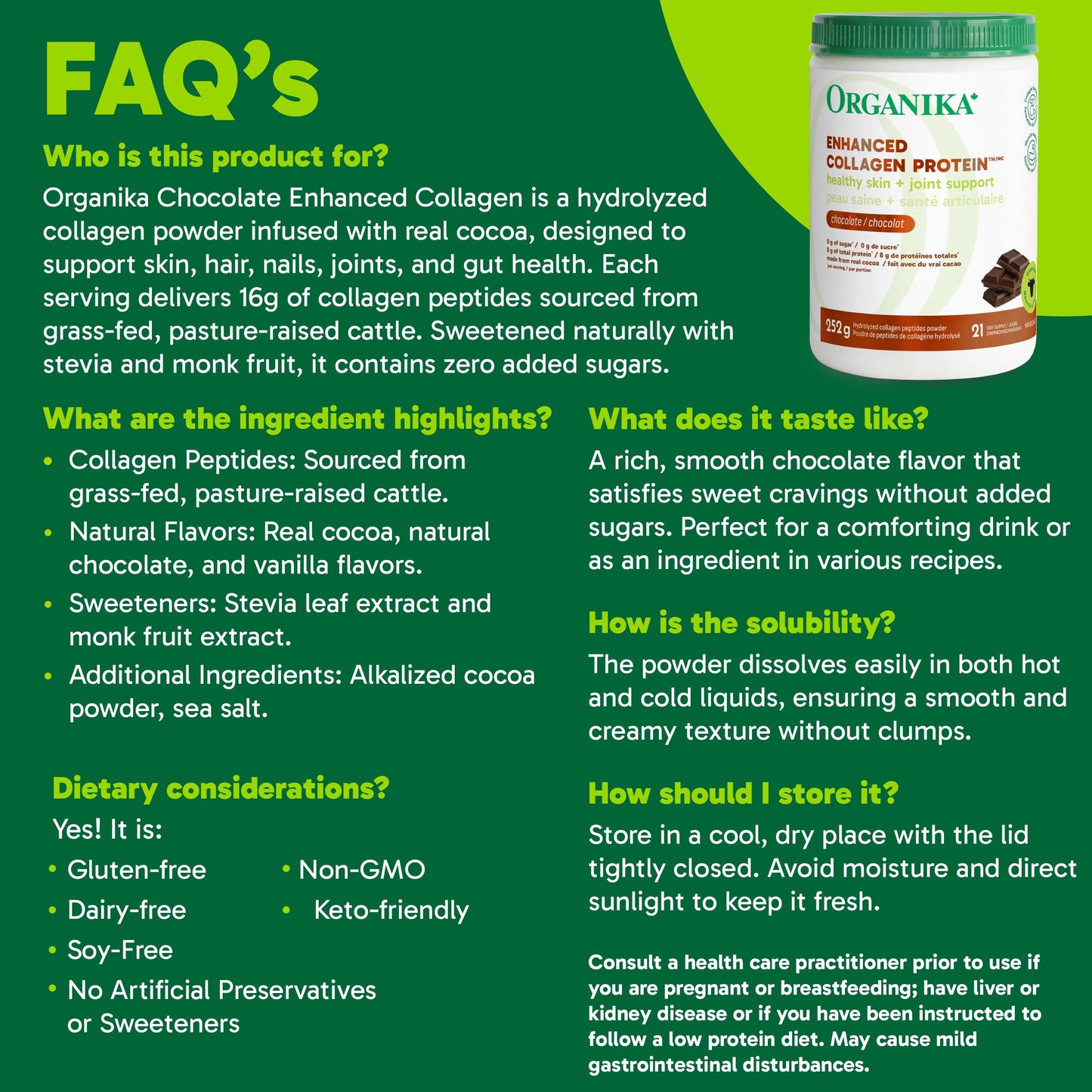 Organika Canadian-Made Chocolate Enhanced Collagen Powder, Grass-Fed with Real Cocoa, Sugar-Free, Healthy Hair, Skin, Nails, Joints, 252 G 🍁 All In One Marketplace Canada
