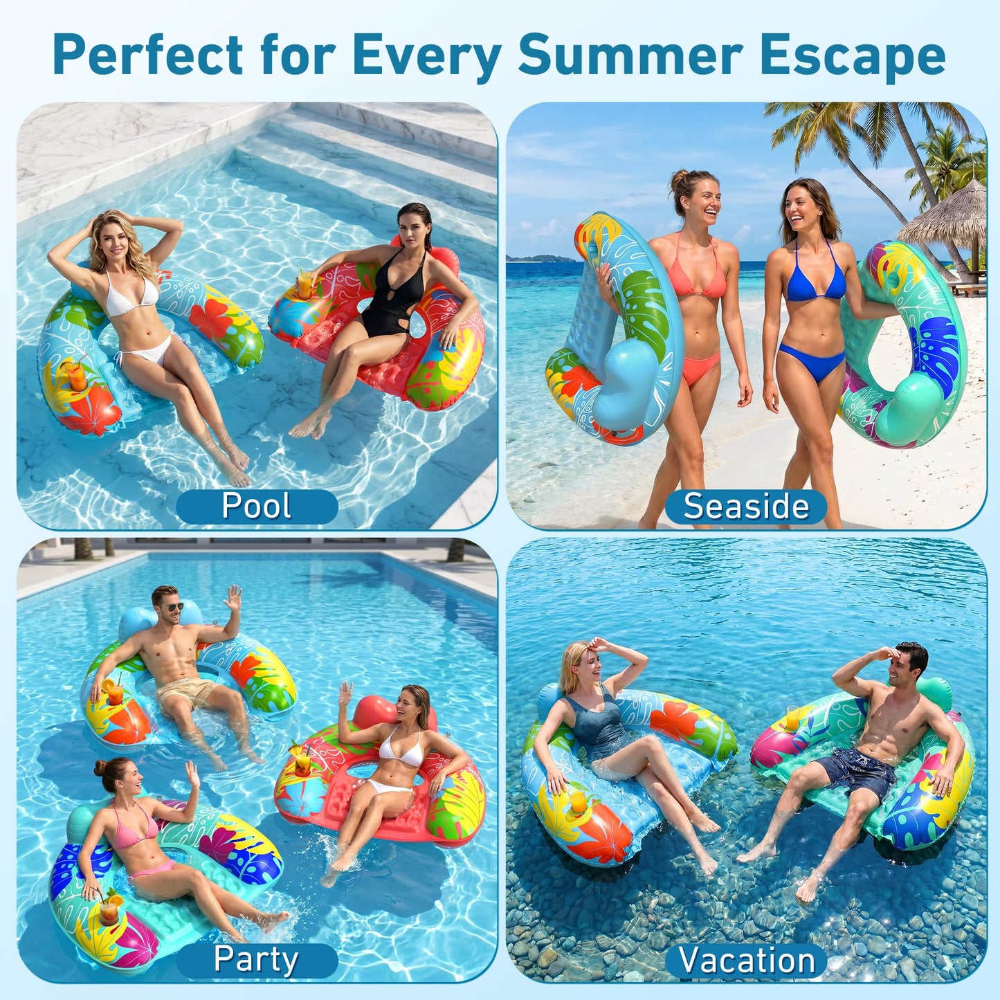 SEETOHOME 3 Pack Pool Floaties for Adults, Inflatable Pool Float Chair Adult Size with Backrest & Cup Holder Floating Pool Chair Floaties for Adults Beaches, Lakes, Rivers, Parties Water Fun 🍁 All In One Marketplace Canada