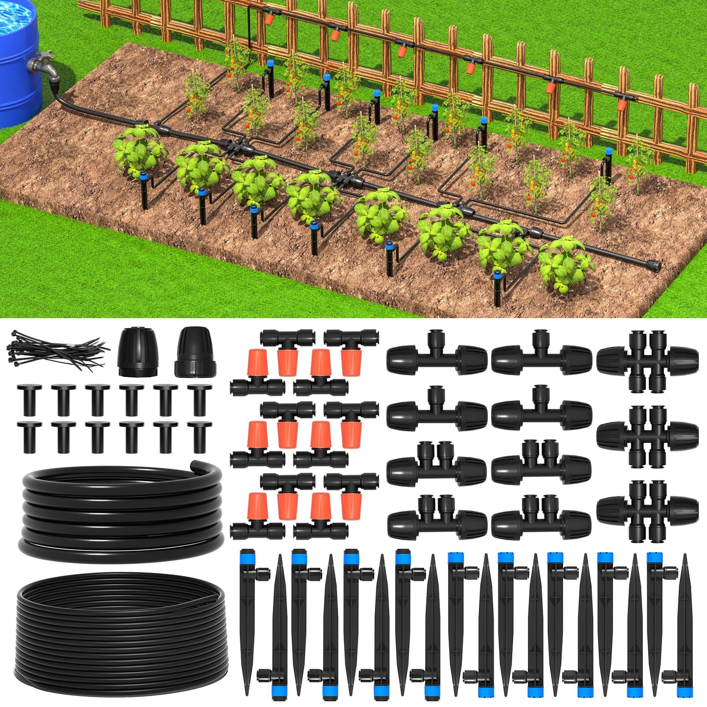 MIXC 101FT Drip Irrigation System, Easy to Setup Automatic Garden System with Anti-UV 1/4" & 1/2" Tubing - Water-Saving Adjustable Nozzles & Sprinklers for Patio, Greenhouse, Raised Bed, Potted Plants 🍁 All In One Marketplace Canada