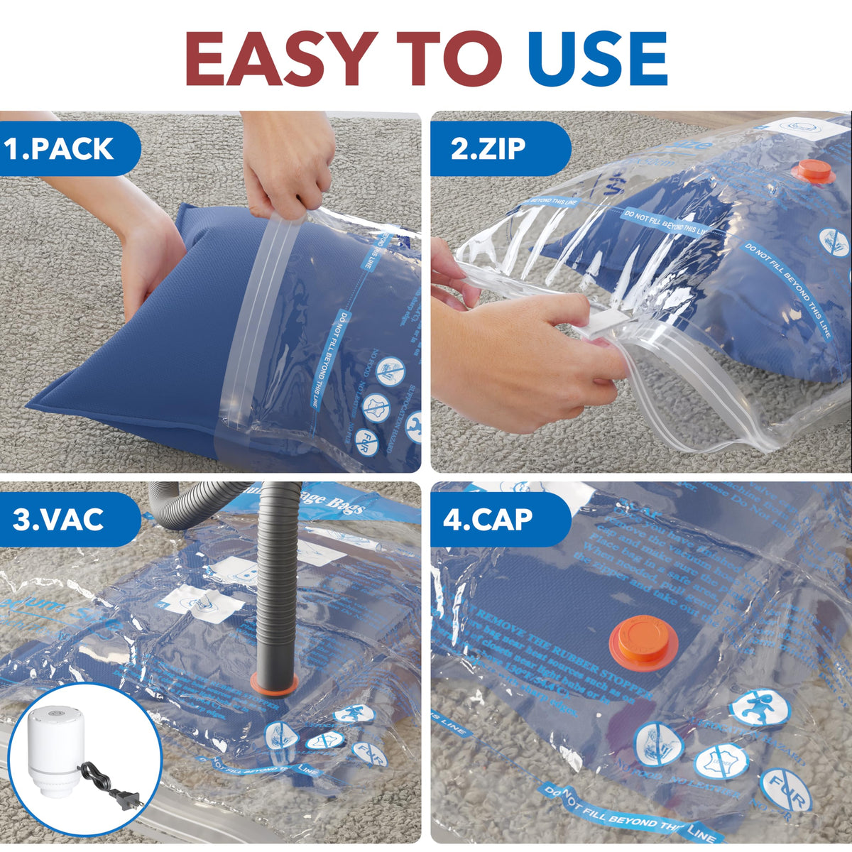24 Pack Vacuum Storage Bags with Electric Pump (5 Jumbo/5 Large/5 Medium/5 Small/4 Roll), Plastic Packaging Bags,Space Saver Sealer Bags for Clothes, Pillows, Comforters, Blankets, Bedding 🍁 All In One Marketplace Canada