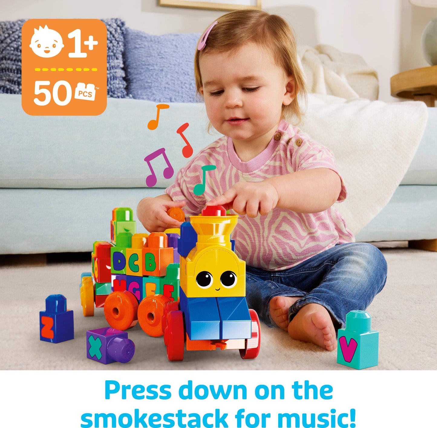 MEGA BLOKS First Builders Toddler Building Blocks Toy Set, ABC Musical Train with 50 Pieces, Music and Sounds, Ages 1+ Years 🍁 All In One Marketplace Canada