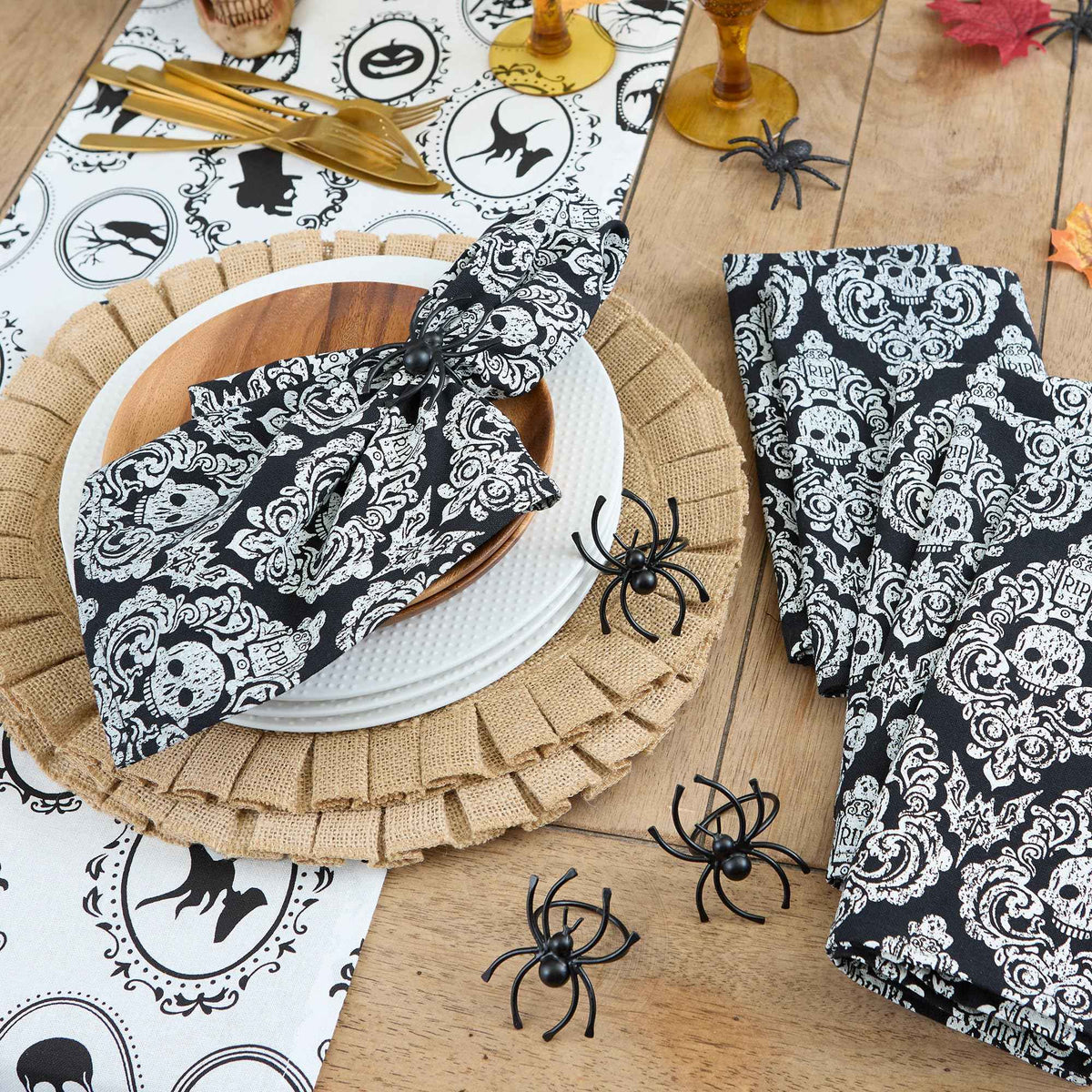 DII Halloween Party Tabletop Decor, Reusable & Machine Washable Cotton Fabric, Napkin Set, 20x20, Black Skull Damask, 6 Piece