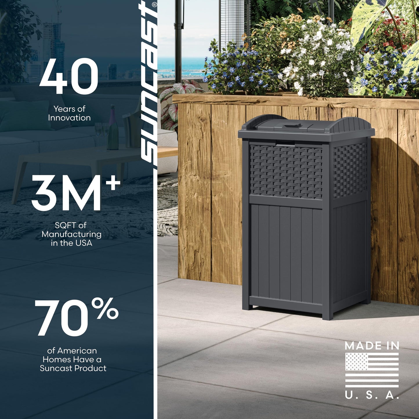 Suncast 33 Gallon Wicker-Style Hideaway Trash Can with Secure Latching Lid and Weather-Resistant Construction for Patio, Cyberspace Grey, Made in the USA 🍁 All In One Marketplace Canada