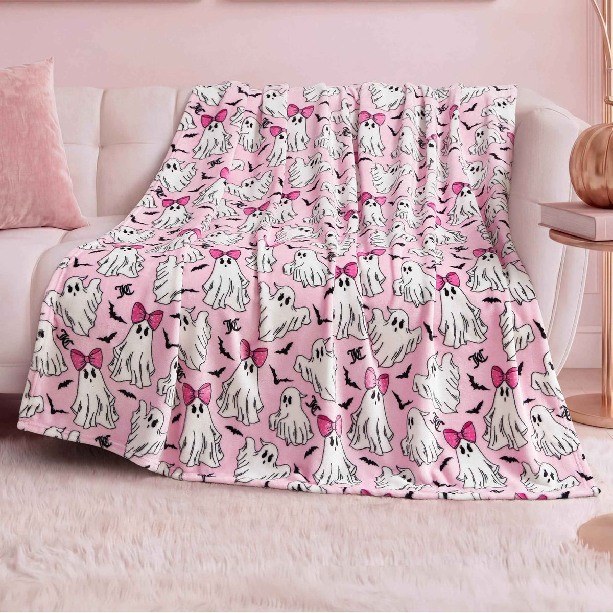 Juicy Couture Girly Ghosts Halloween Plush Throw Blanket, Soft Polyester Decorative Throw for Sofa or Bed, Light Pink, 50"x60"