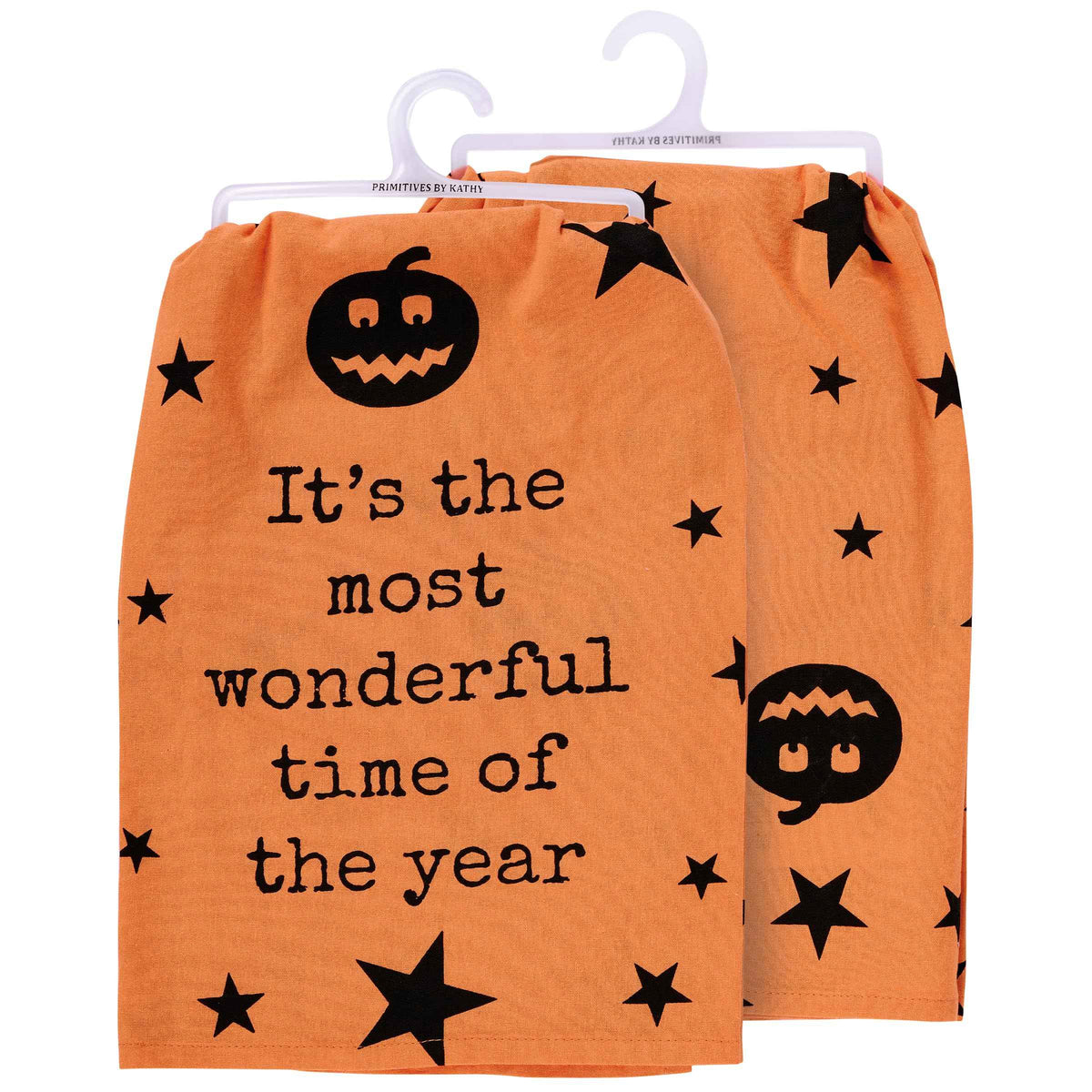 Primitives by Kathy Decorative Kitchen Towel, from Our Halloween Collection has an All-Over Design of Jack o'lanterns & Stars with a Fun Halloween Sentiment It's The Most Wonderful Time of The Year