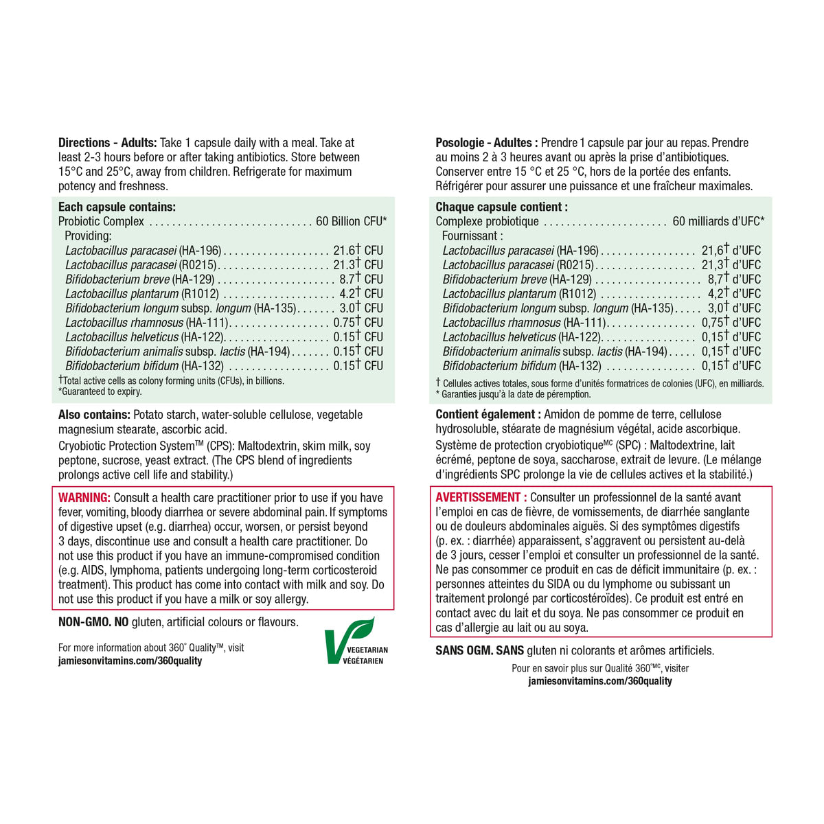 Jamieson Probiotic 60 Billion Active Cells, Ultra Strength, Supports Digestive Health and Intestinal Health. 9 Unique Strains, Including Lactobacillus and Bifidobacterium, Non-GMO, Gluten-Free, 24 Vegetarian capsules 🍁 All In One Marketplace Canada