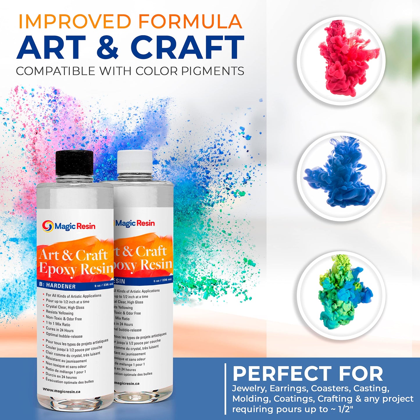 Epoxy Resin Kit for Art & Craft | 16oz (473ml) | UV Resistant | Clear Epoxy Resin | Jewelry, Earrings, Coasters, Casting, Molding, Crafting & more | Includes 2 pairs of gloves, 2 cups, 4 sticks & mica 🍁 All In One Marketplace Canada