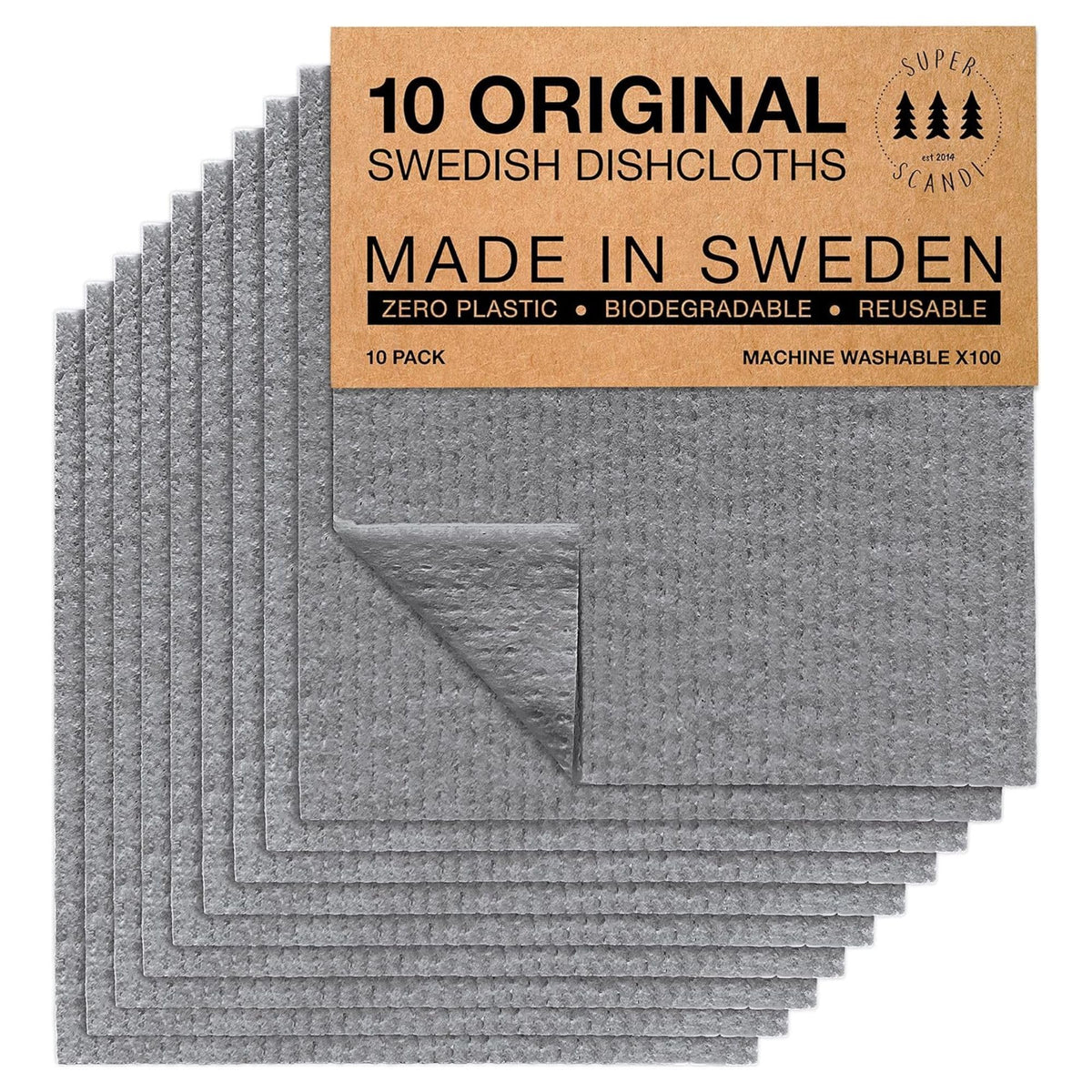 SUPERSCANDI 10 Pack Swedish Dish Cloths for Kitchen - 100% Biodegradable & Compostable | Washable Kitchen Cloths, Food-Safe & Without Plastic - Reusable Paper Towel for Any Surface | Grey 🍁 All In One Marketplace Canada