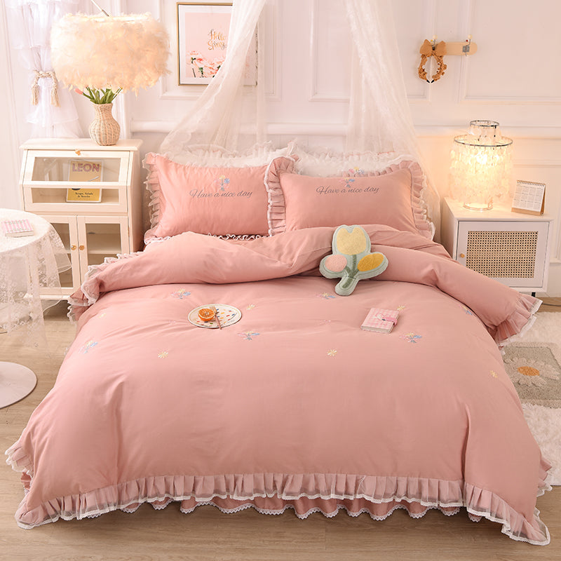 Summer Ruffled Cotton Bedding Set Embroidered Floral Bed Skirt