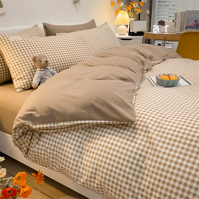 Pure Color Washed Cotton Plaid Striped Bedding Set