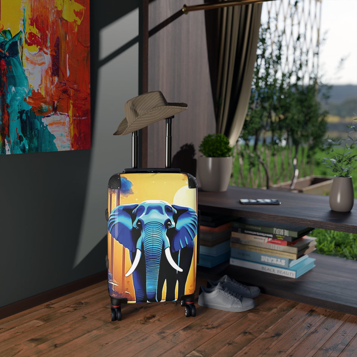 Elephant Sunset Suitcase — Vibrant Travel Luggage with Blue Elephant Design