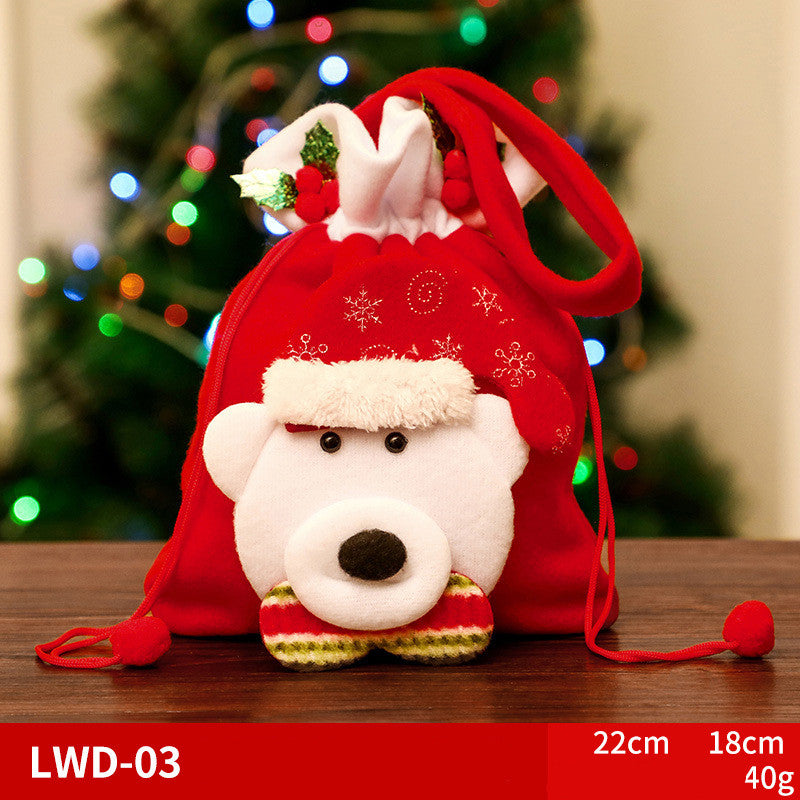Brushed Christmas Gift Bags with 3D Santa Snowman Reindeer Bear, Red Drawstring Candy Bags, Felt Holiday Gift Bags