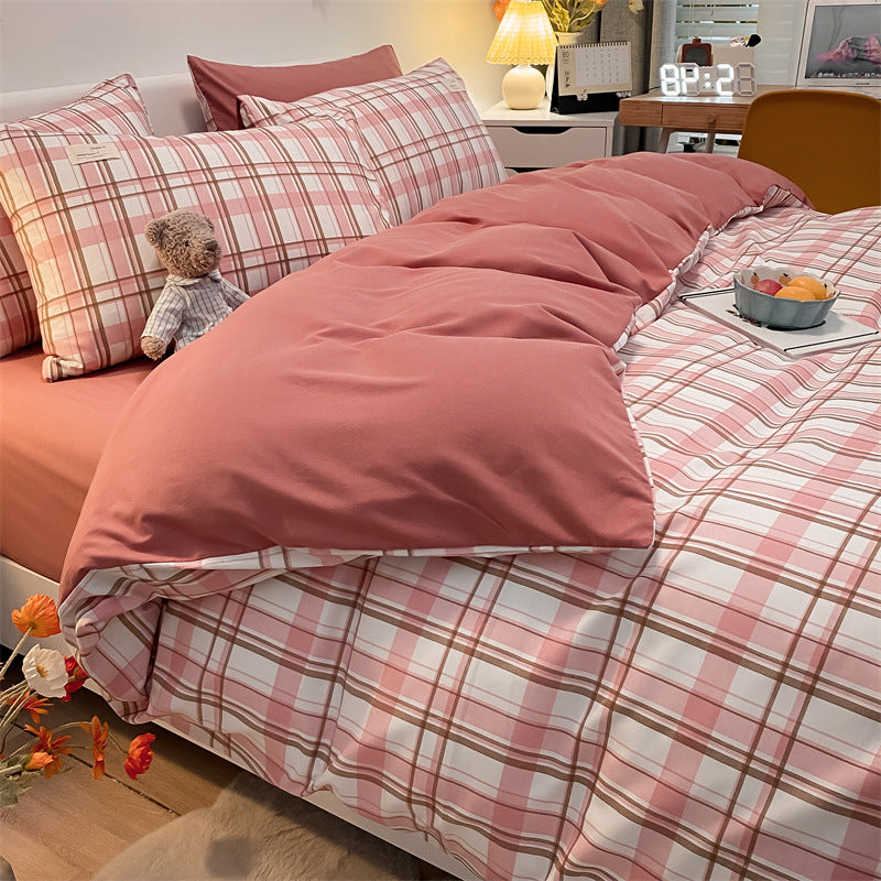 Pure Color Washed Cotton Plaid Striped Bedding Set