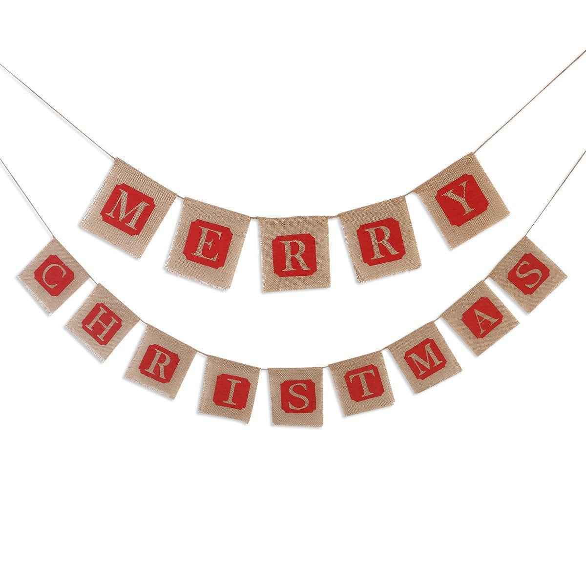 Merry Christmas Burlap Banner Garland, 14pc Sackcloth Flags Decoration