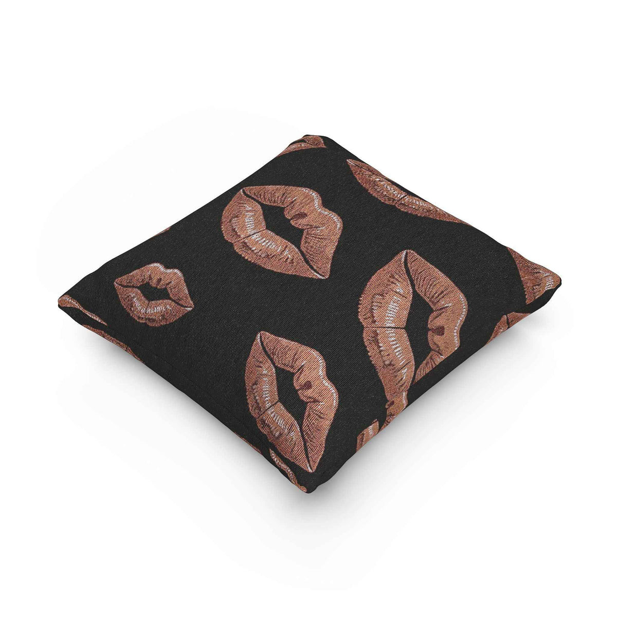 Rose Gold Lip Print Woven Pillow | Black Background, Decorative Throw Pillow