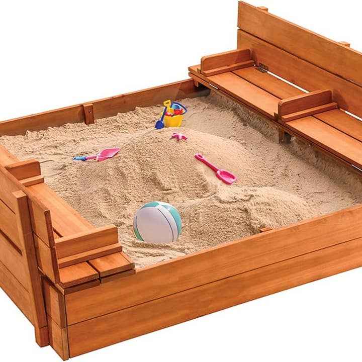 Play22 - Cedar Wood Kids Sandbox with Foldable Bench Seats - Ages 4+