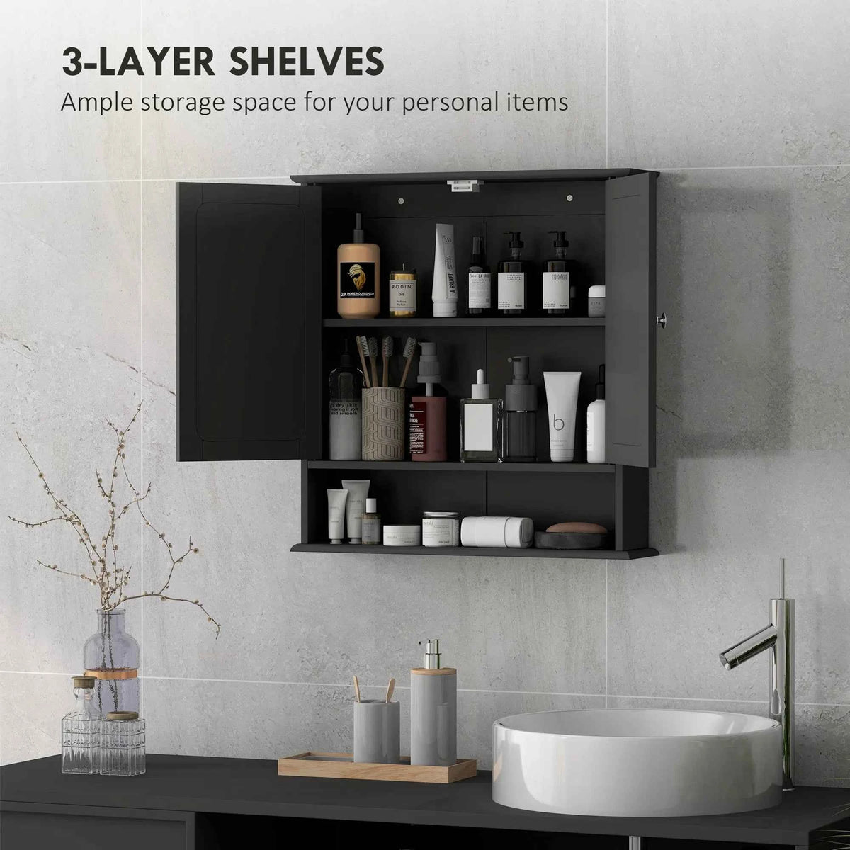 Black Bathroom Medicine Cabinet with Mirror – Wall-Mounted Double-Door Storage Cabinet (United States & Canada Delivery Only)