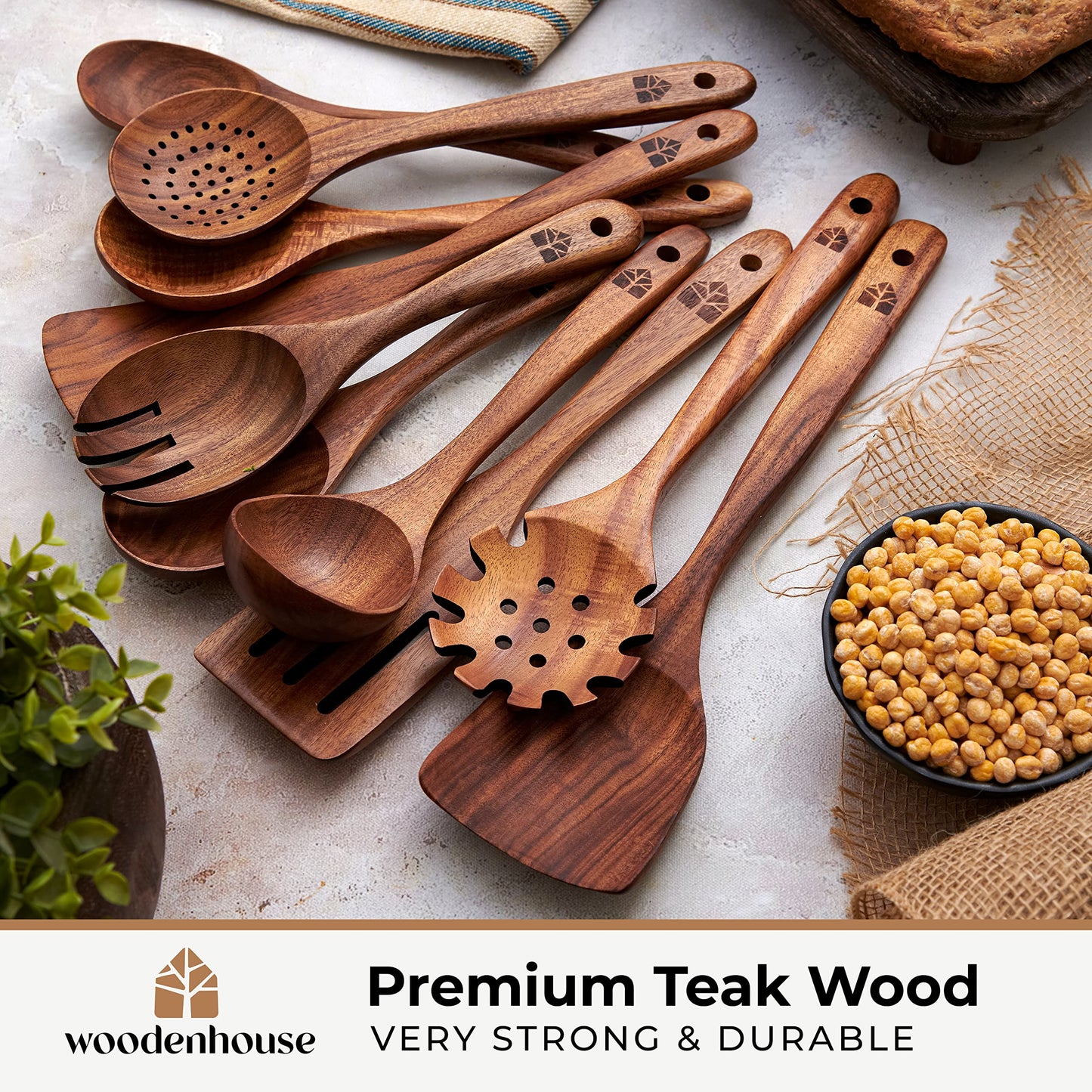Wooden Spoons for Cooking, Kitchen Utensil Set, 10 Pcs Cooking Utensils Set for Nonstick Pans & Cookware – Study Teak Wood, Lightweight & Heat Resistant 🍁 All In One Marketplace Canada