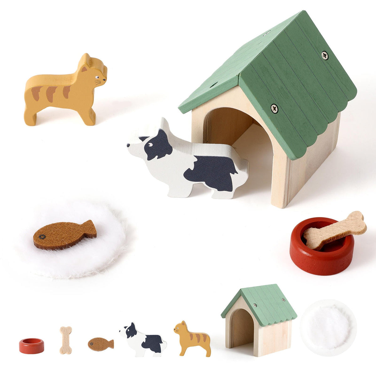 Mini Wooden Dog House & Cat Pretend Play Set