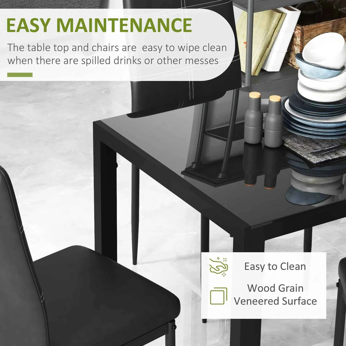 5-Piece Black Glass Dining Table Set – Rectangular Kitchen Table with 4 Faux Leather Chairs (United States & Canada Delivery Only)