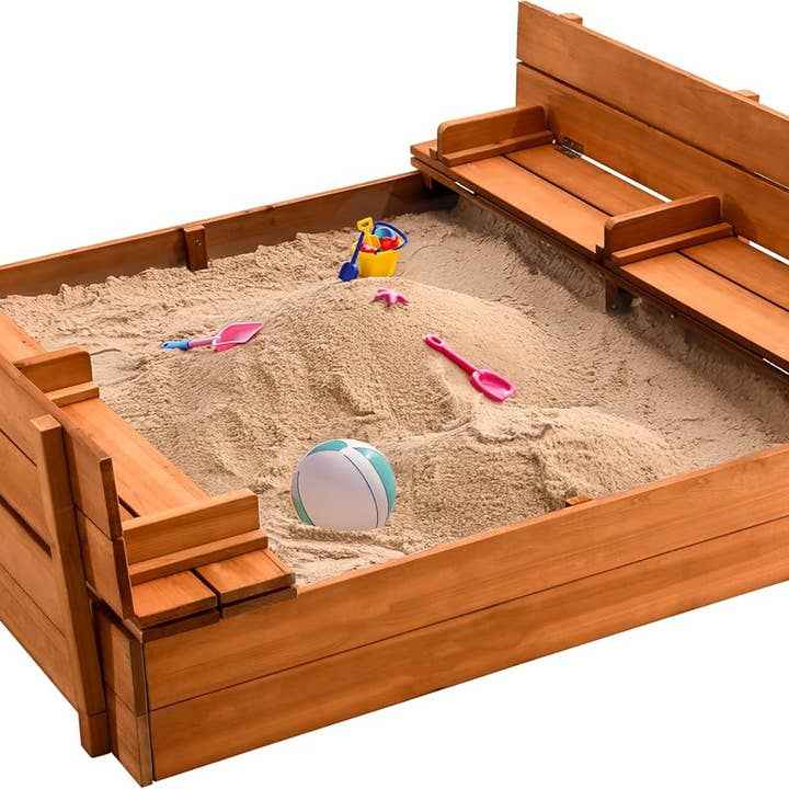 Play22 - Cedar Wood Kids Sandbox with Foldable Bench Seats - Ages 4+