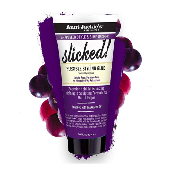 AUNT JACKIE’S GRAPESEED FRIZZ & SHINE RECIPES SLICKED! Flexible Styling Glue 4OZ