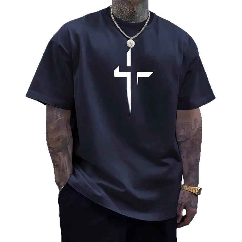 Street-style Mens Casual Loose-fit Cross-print Creative Sports Short-sleeve Top