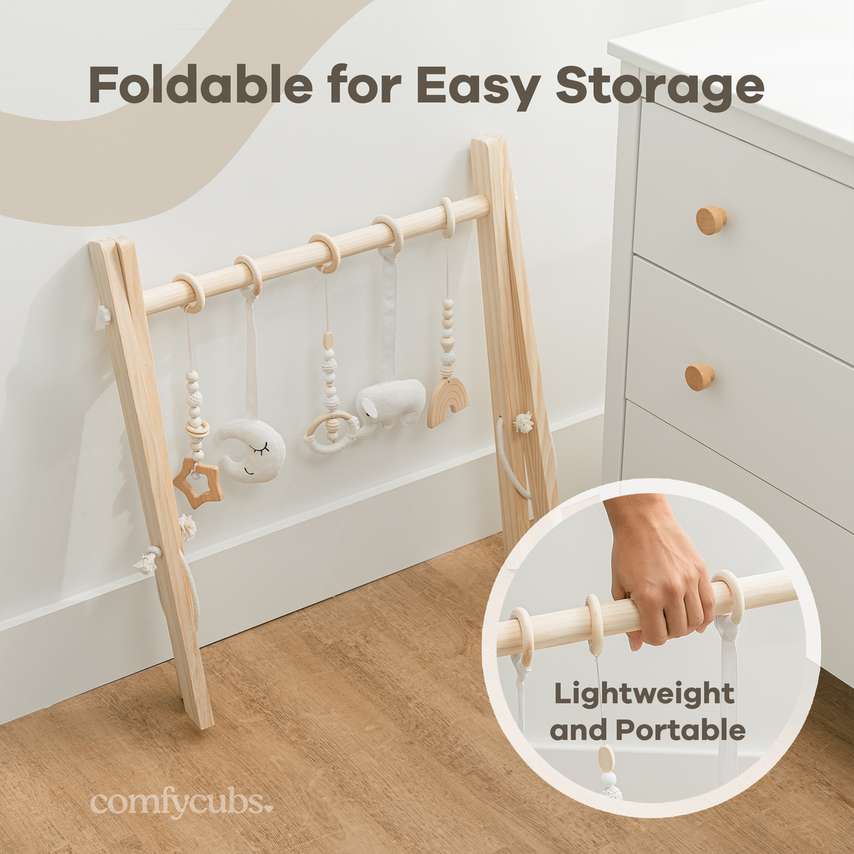 Comfy Cubs - Foldable Baby Play Gym with 5 Hanging Toys - Natural Wood - Ages 0–12 Months