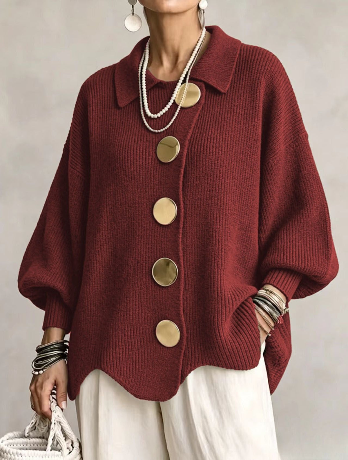 Women’s Button-Down Knit Cardigan – Lapel Collar Long-Sleeve Loose-Fit Fall & Winter Sweater