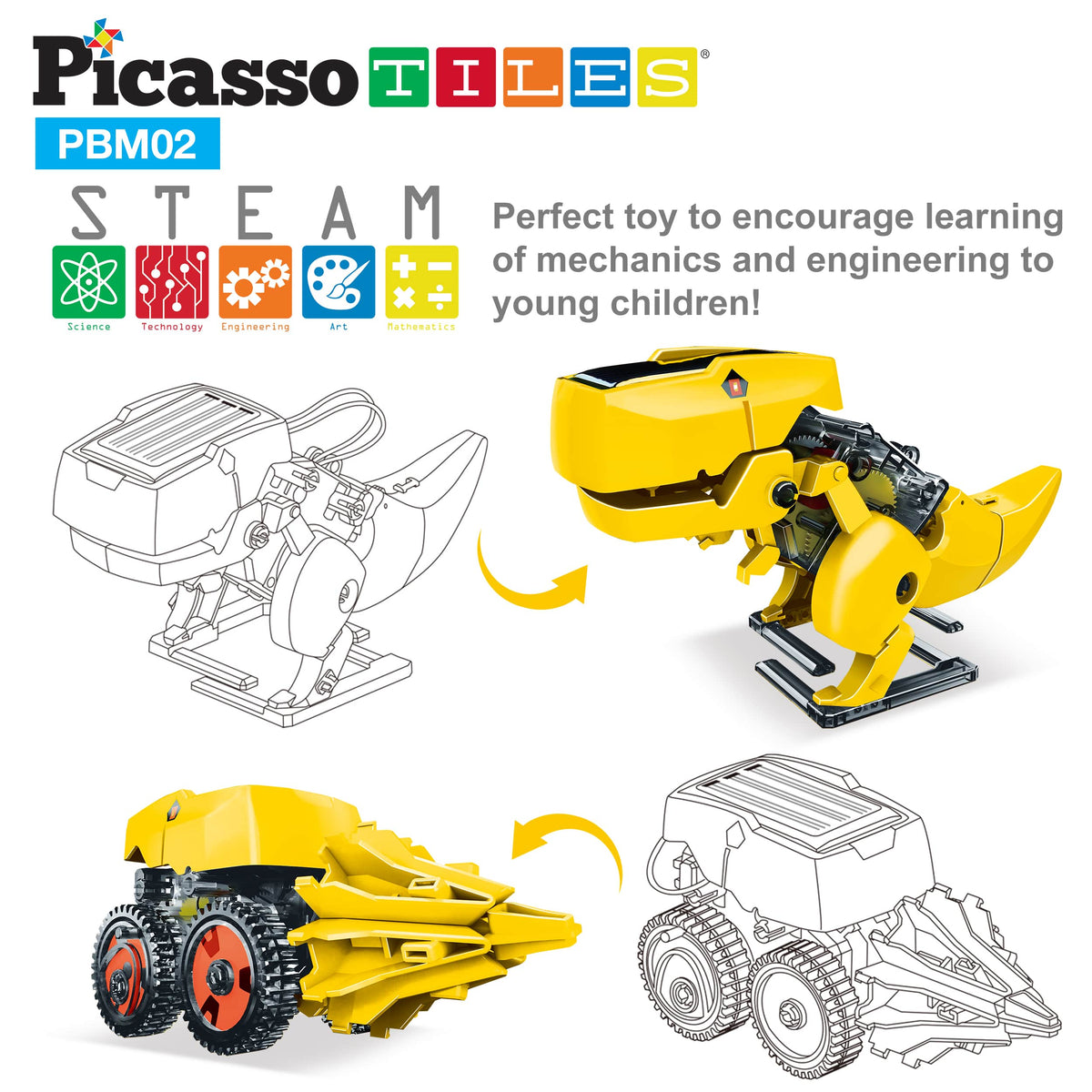 PicassoTiles - PicassoTiles 3-in-1 Solar Powered Dinosaur Robot Kit - Ages 5+