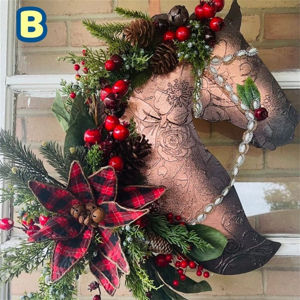 Horse Head Christmas Wreath, Artificial Door Hanging Decor with Balls & Pine Cones