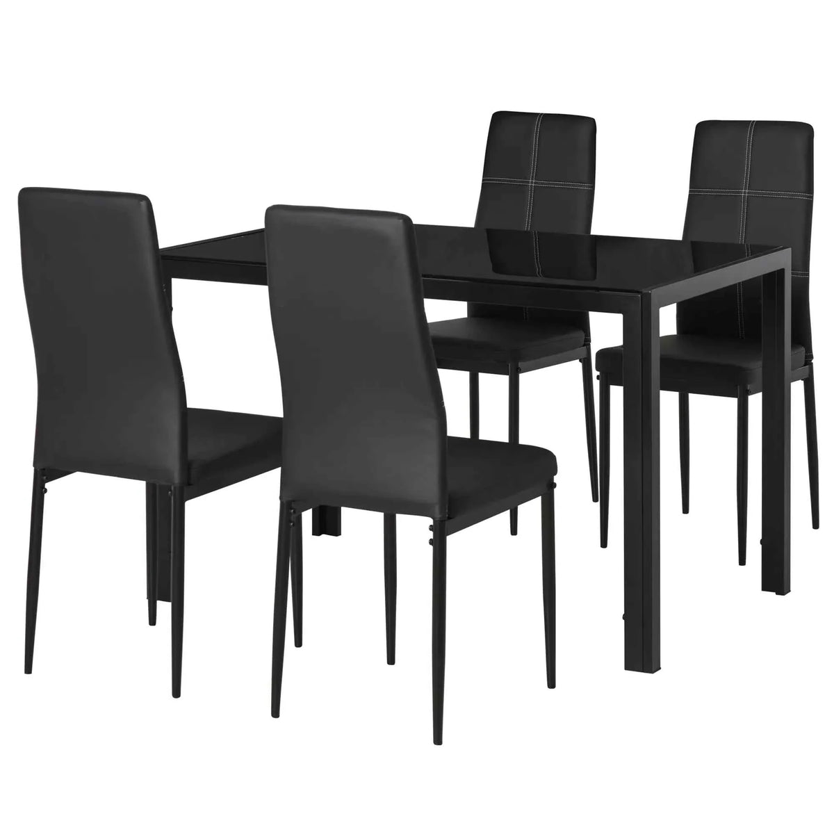5-Piece Black Glass Dining Table Set – Rectangular Kitchen Table with 4 Faux Leather Chairs (United States & Canada Delivery Only)
