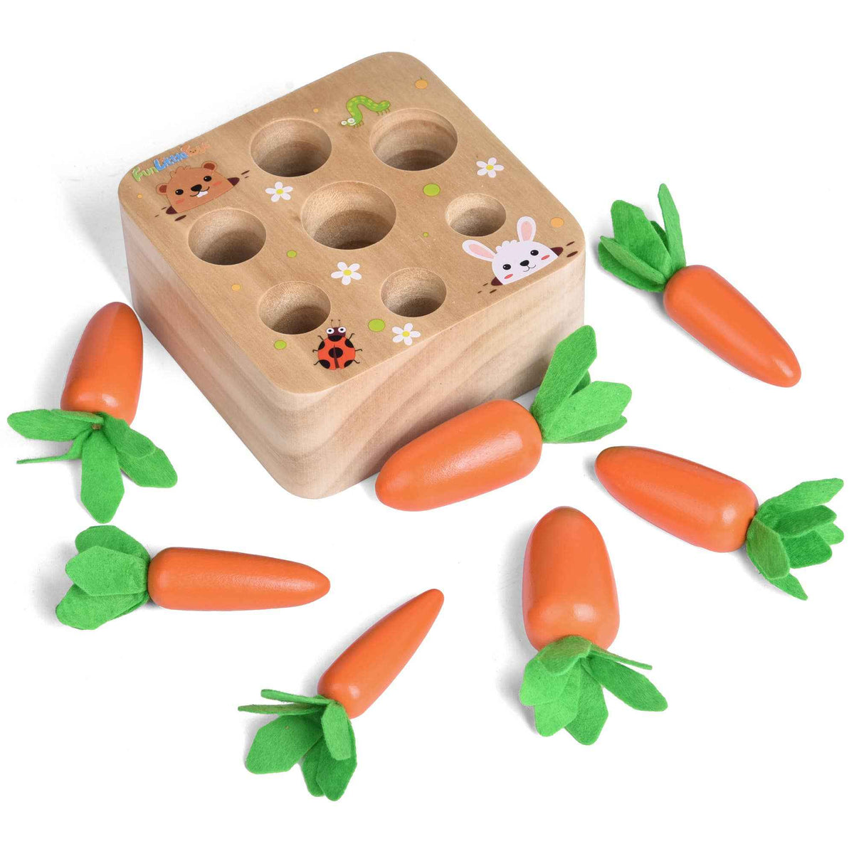 Fun Little Toys - Wooden Carrot Harvest Shape & Size Sorting Game - Ages 3+