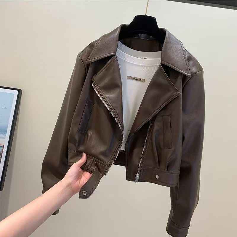 Women's Cropped PU Leather Jacket