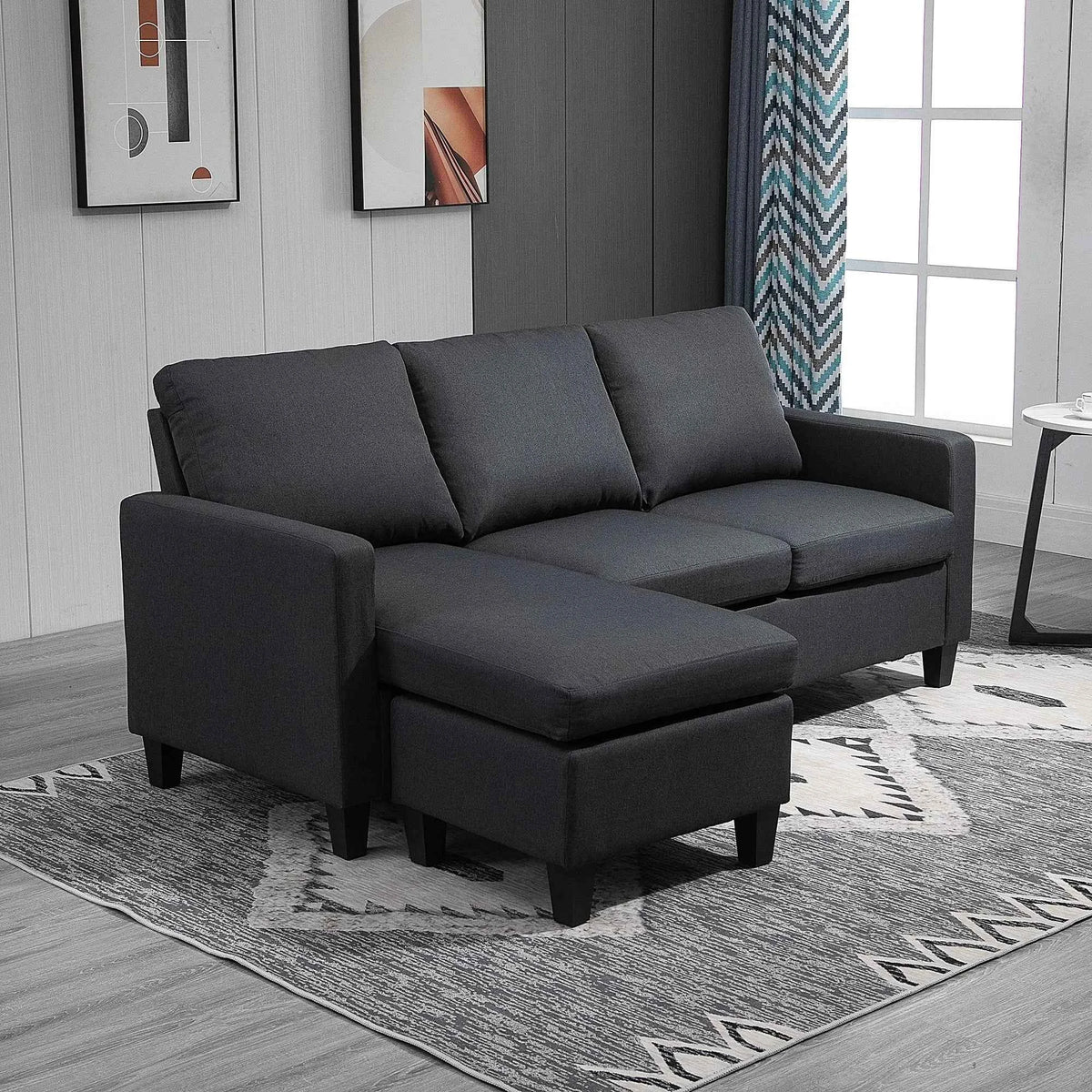 Dark Grey L-Shape Sectional Sofa with Ottoman – Modern Corner Couch for Living Room (United States & Canada Delivery Only)