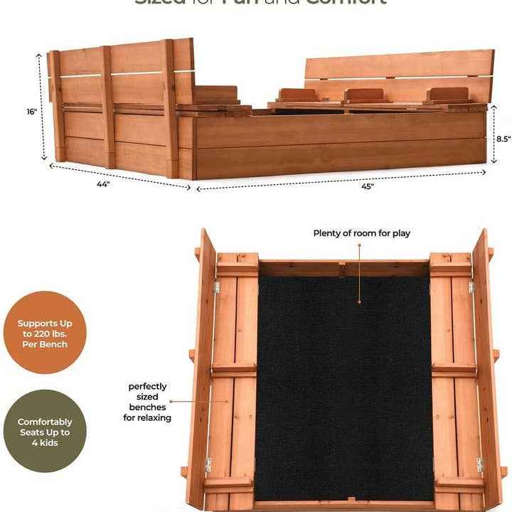 Play22 - Cedar Wood Kids Sandbox with Foldable Bench Seats - Ages 4+