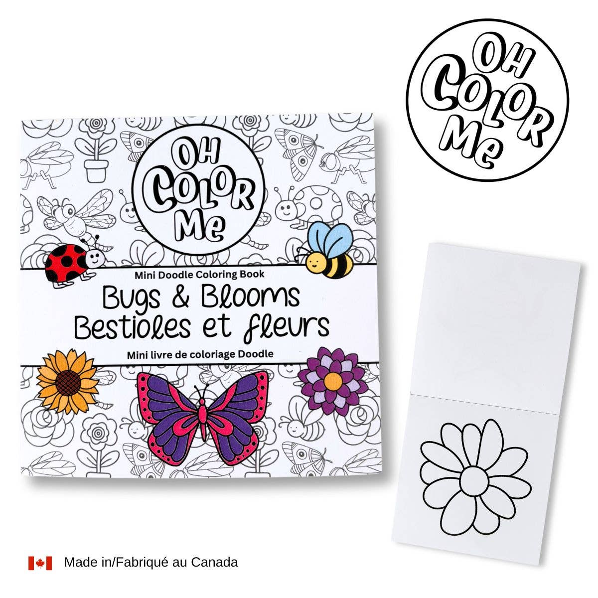 Oh Color Me - Mini Coloring Book Bugs & Blooms, 4"x4", Small Gifts - Canadian Brand - Ages 3+