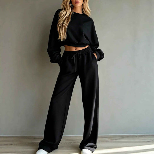 Women’s Casual Hooded Sweatshirt & Wide-Leg Pants Set – Long-Sleeve Two-Piece Sports Outfit